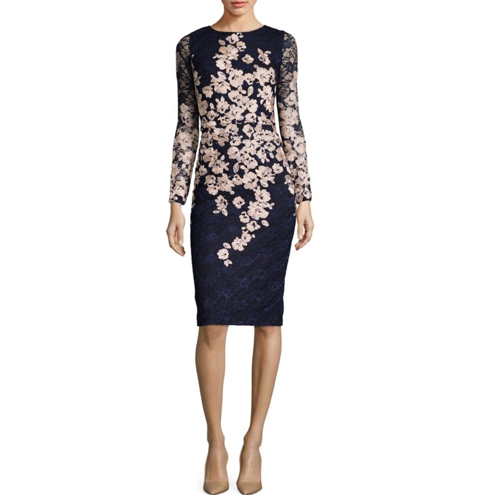 Black & Gold Embroidered Floral Lace Xscape Dress